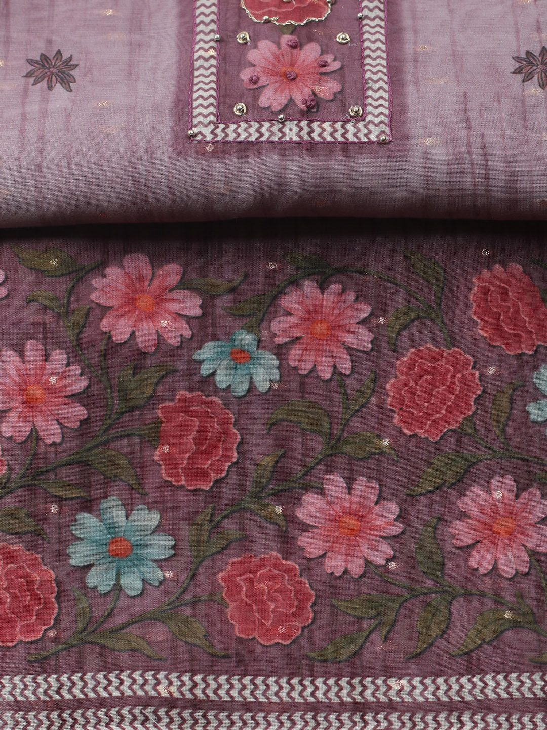 Embroidered Cotton Blend Unstitched Suit With Pant &amp; Dupatta