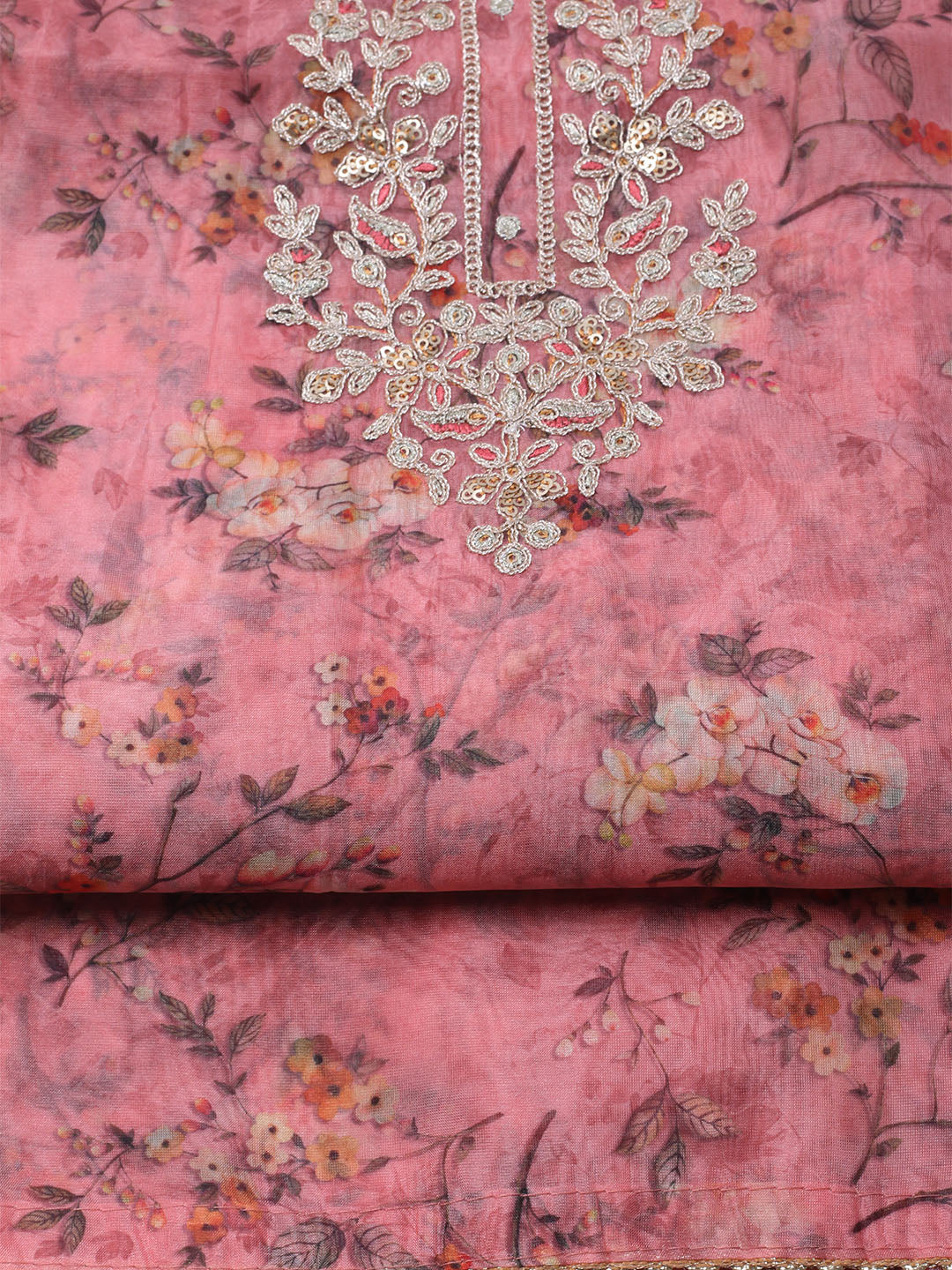 Neck Embroidered Organza Unstitched Suit With Dupatta