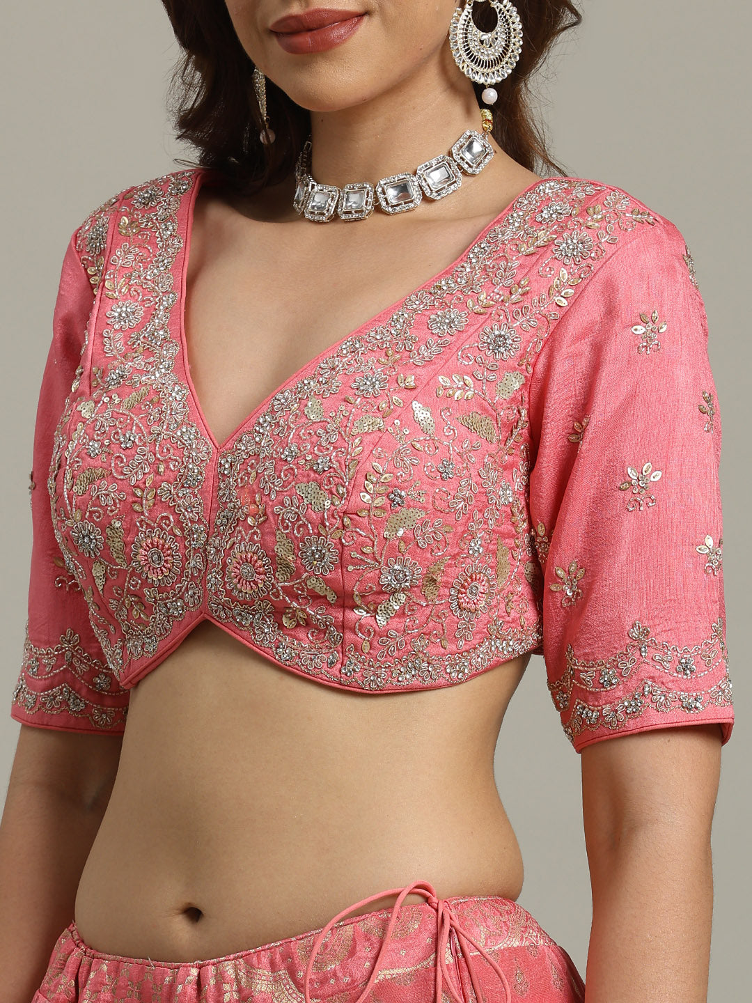 Embroidered Banarasi Choli With Lehenga &amp; Dupatta