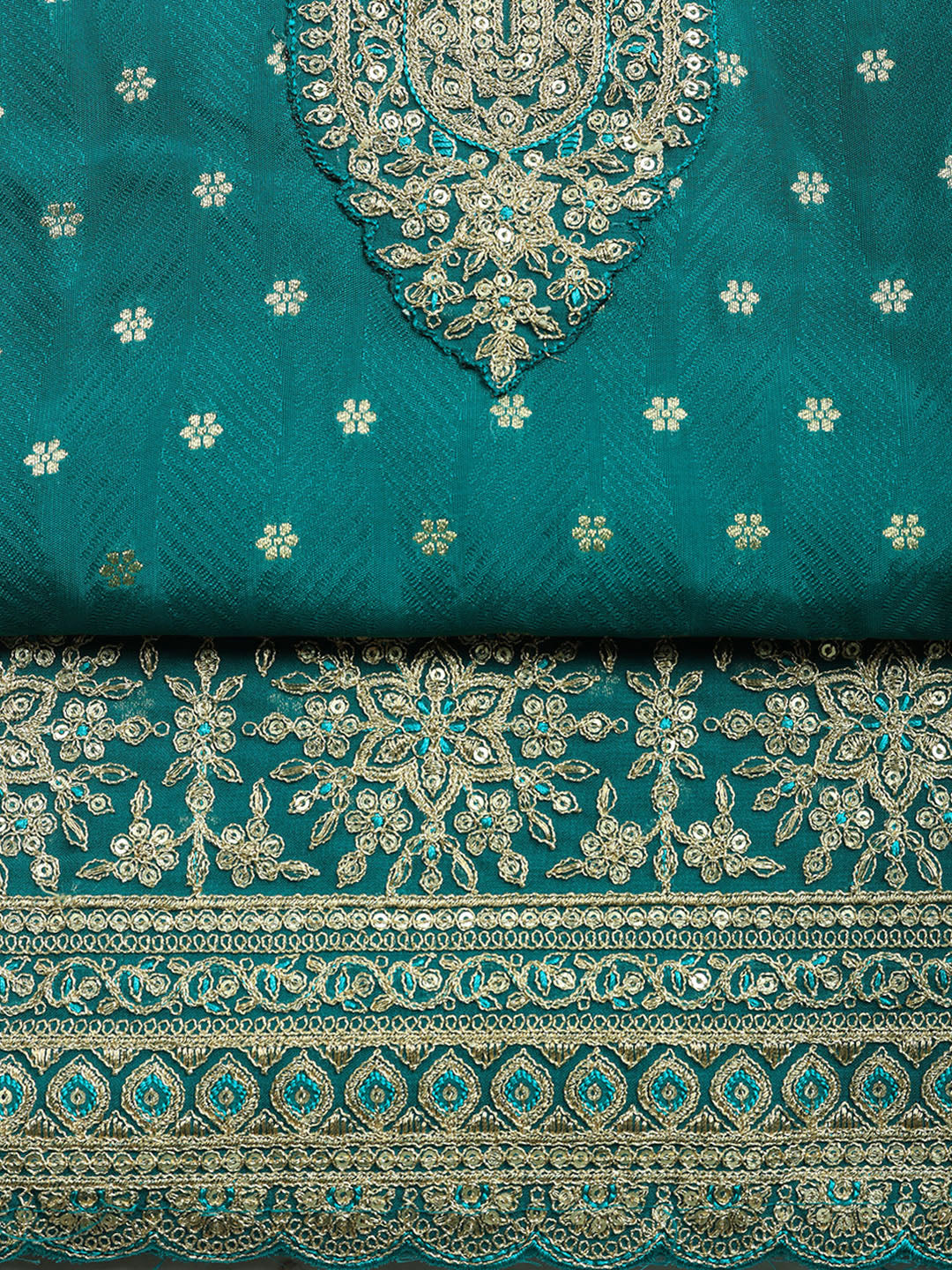Embroidered Art Silk Unstitched Suit With Pant &amp; Dupatta