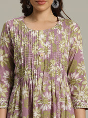 Floral Printed Cotton Blend Anarkali Kurta With Pants & Dupatta
