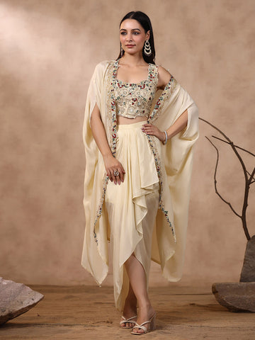 Thread Embroidered Crepe Choli With Pleated Skirt