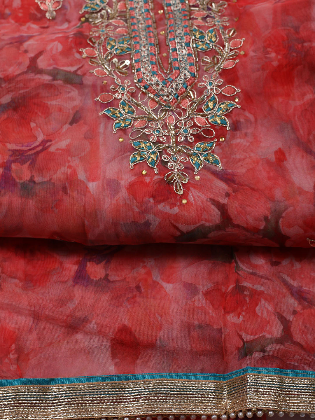 Neck Embroidered Organza Unstitched Suit With Dupatta