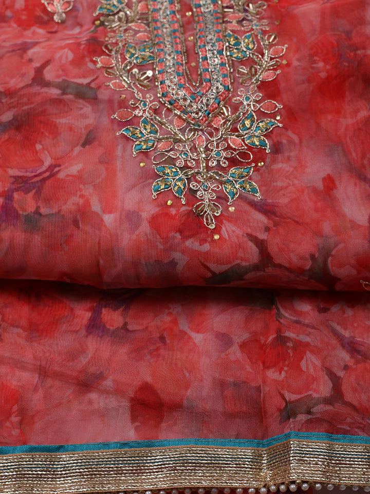 Neck Embroidered Organza Unstitched Suit With Dupatta