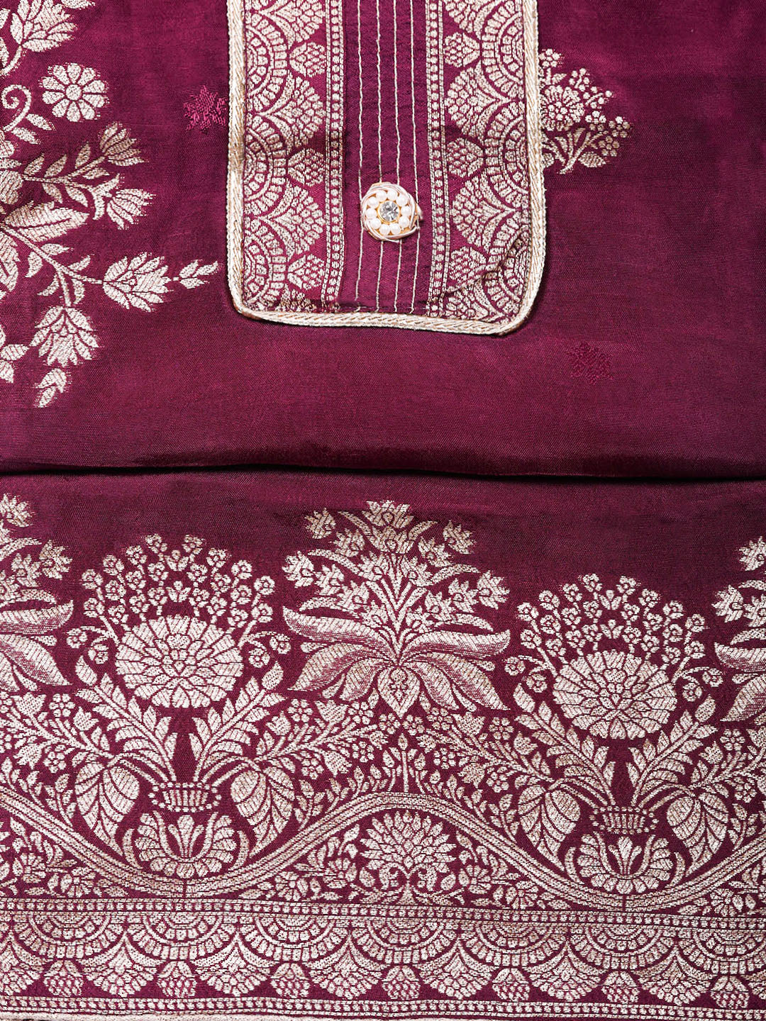 Embroidered Chanderi Unstitched Suit With Pant &amp; Dupatta