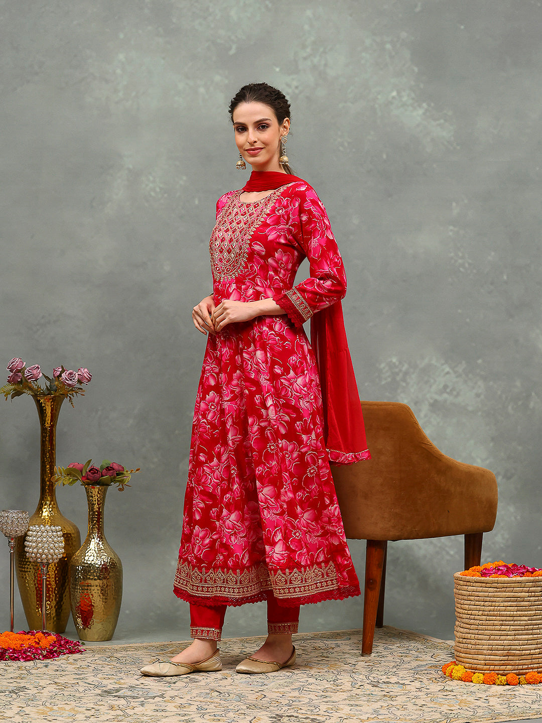 Embroidered Cotton Kurta With Pants & Dupatta