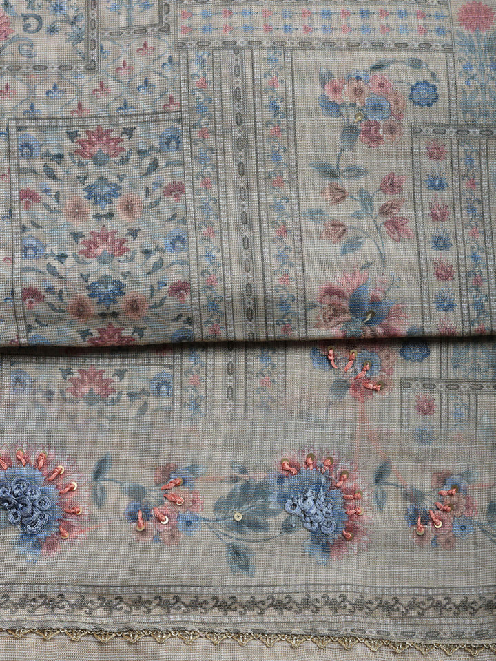 Printed Linen Blend Unstitched Suit With Pant &amp; Dupatta