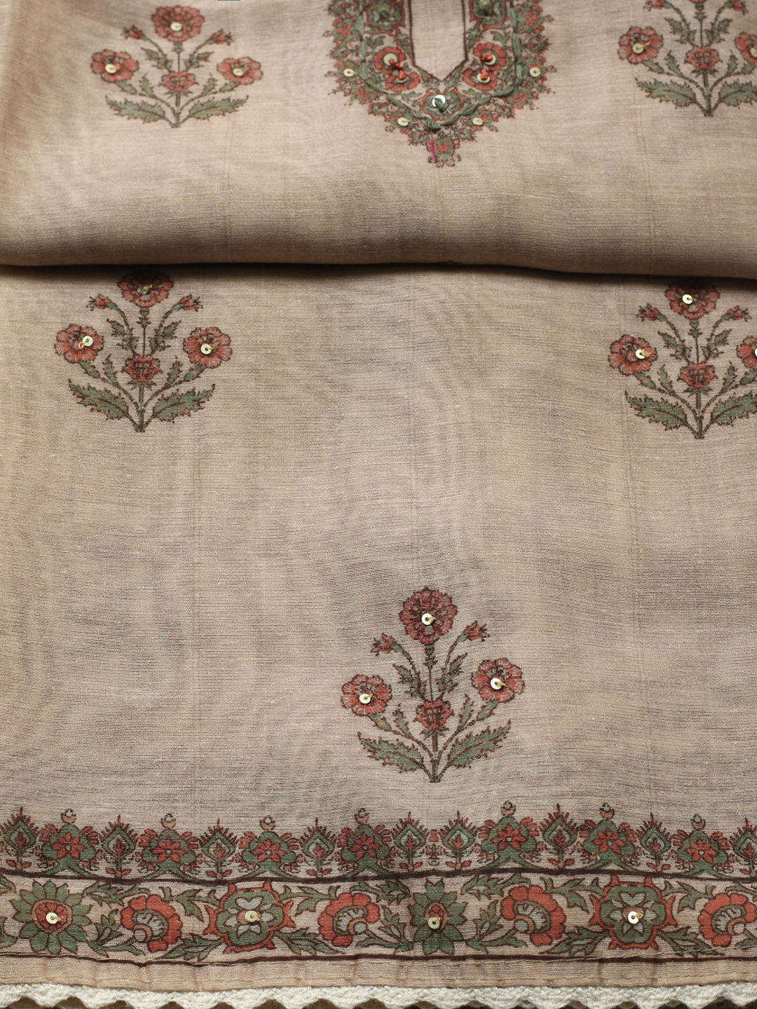 Embroidered Chanderi Unstitched Suit With Pant &amp; Dupatta