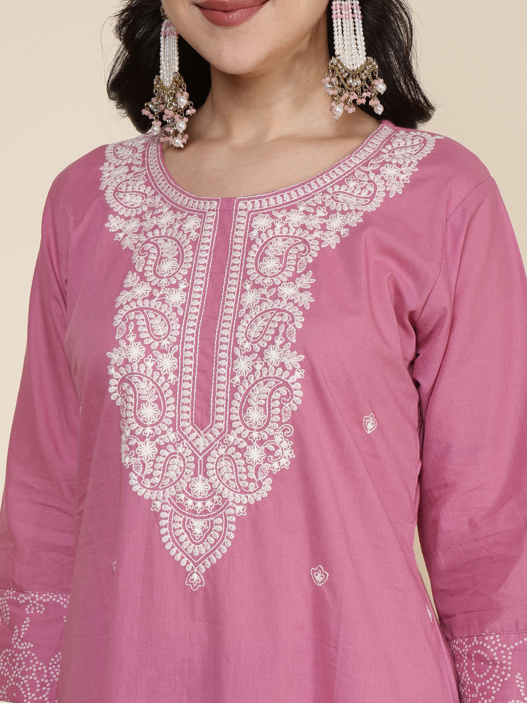 Embroidered Cotton Blend Kurta With Pants &amp; Dupatta