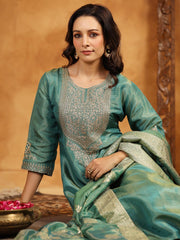 Neck Zari Embroidery Tissue Kurta With Pants & Dupatta