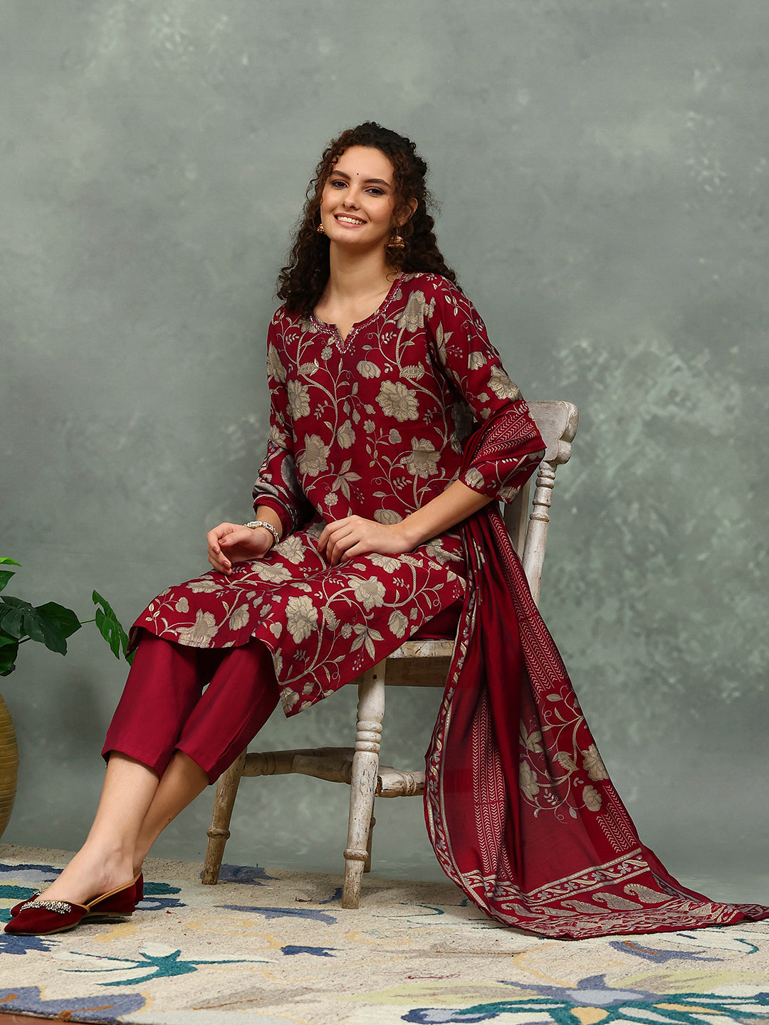 Printed Cotton Blend Kurta With Pants & Dupatta