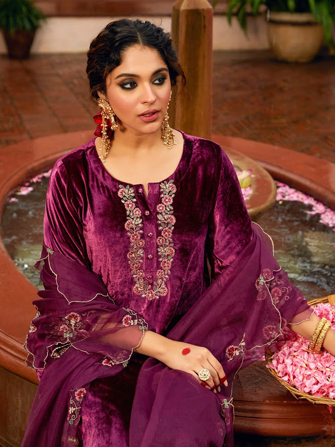 Embroidered Velvet Kurta With Pant &amp; Dupatta