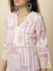 Printed & Panel Embroidery Cotton Kurta With Pants