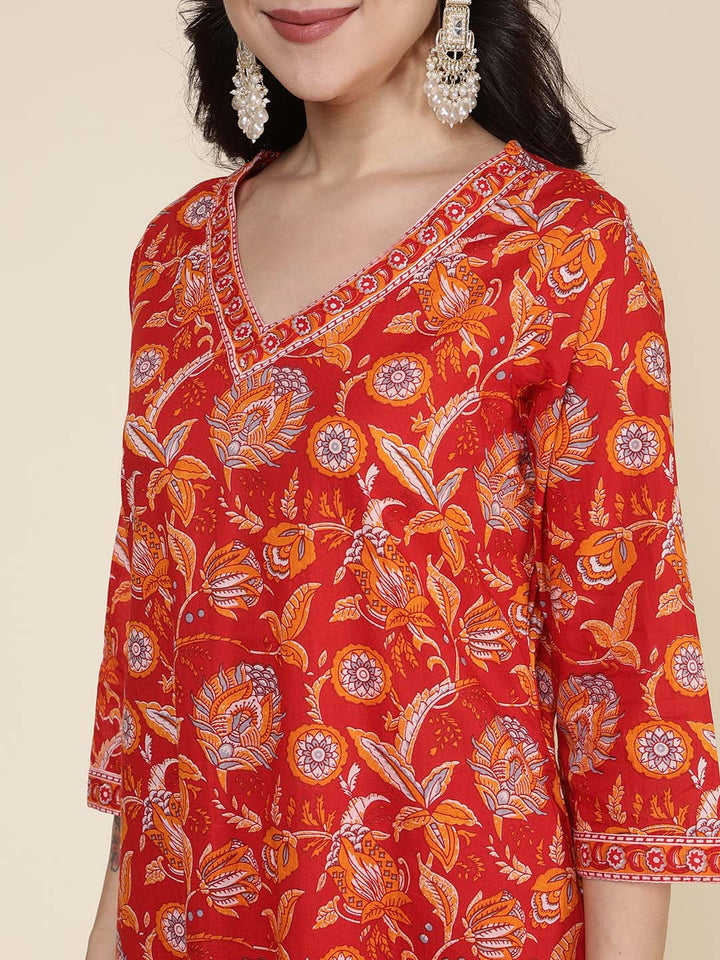 Printed Cotton Blend Kurta With Pants &amp; Dupatta