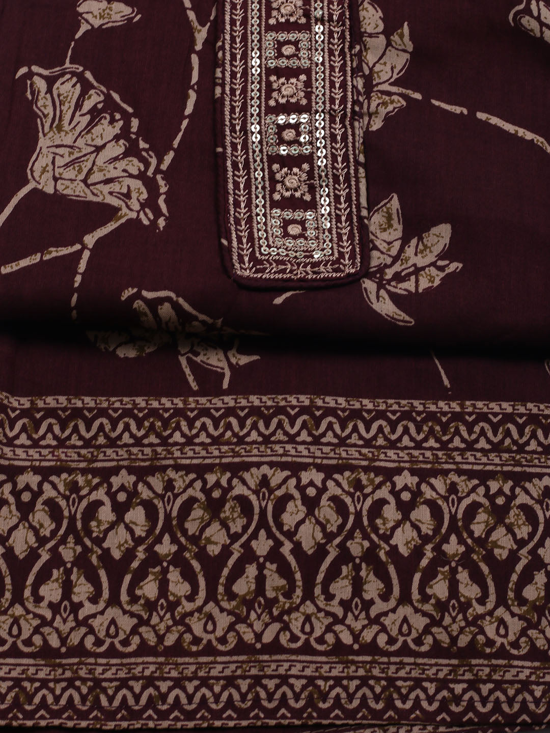 Patch Neck Cotton Blend Unstitched Suit With Dupatta