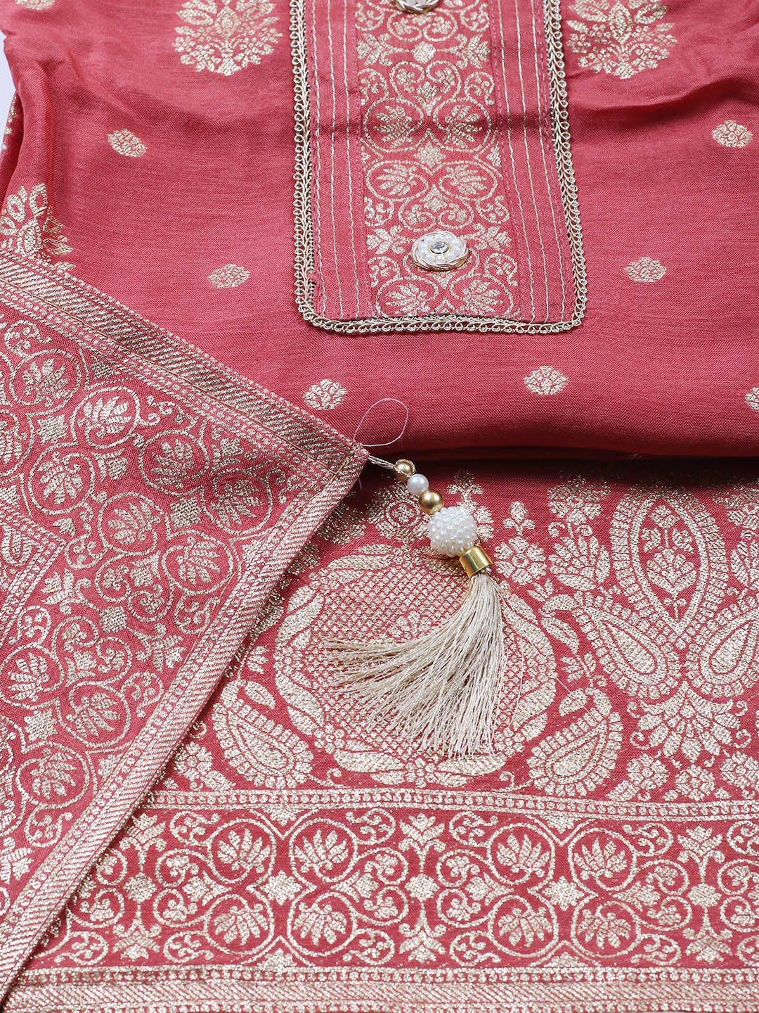 Embroidered Chanderi Unstitched Suit With Pant &amp; Dupatta