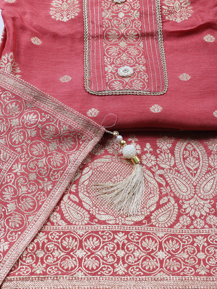 Embroidered Chanderi Unstitched Suit With Pant &amp; Dupatta