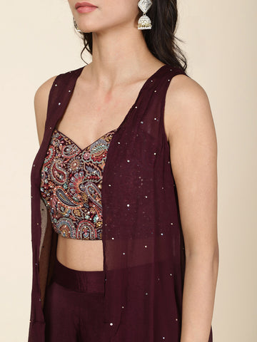 Sequin Embroidery Chinon Crop Top With Sharara & Shrug