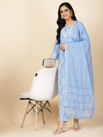 Neck Embroidery Cotton Kurta With Pants & Dupatta