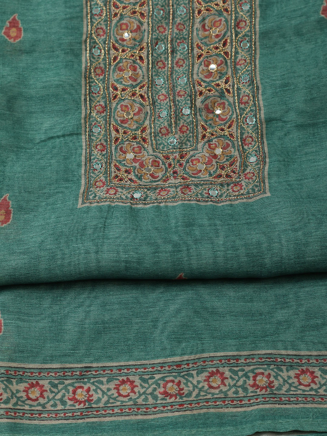 Printed Chanderi Unstitched Suit With Pant &amp; Dupatta