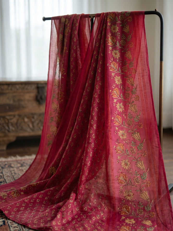 Red Embroidered Cotton Blend Straight Round Neck Suit Set