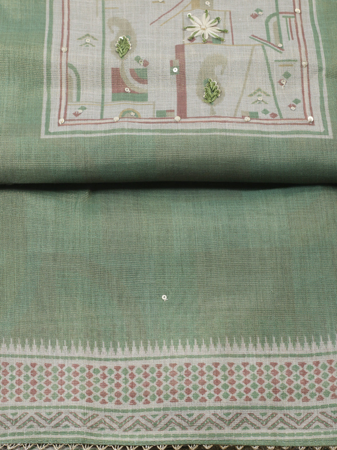 Printed Linen Blend Unstitched Suit With Pant &amp; Dupatta