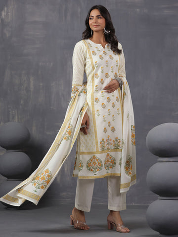 Digital Floral Printed Cotton Blend Kurta With Pants & Dupatta