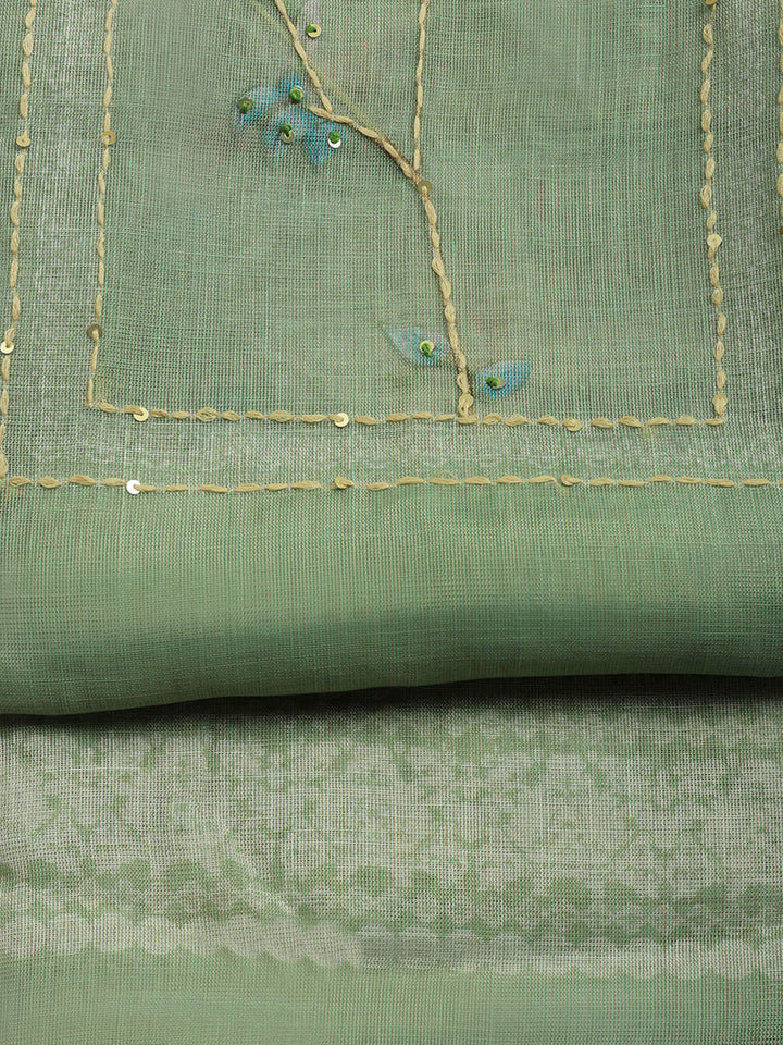 Printed Linen Blend Unstitched Suit With Pant &amp; Dupatta