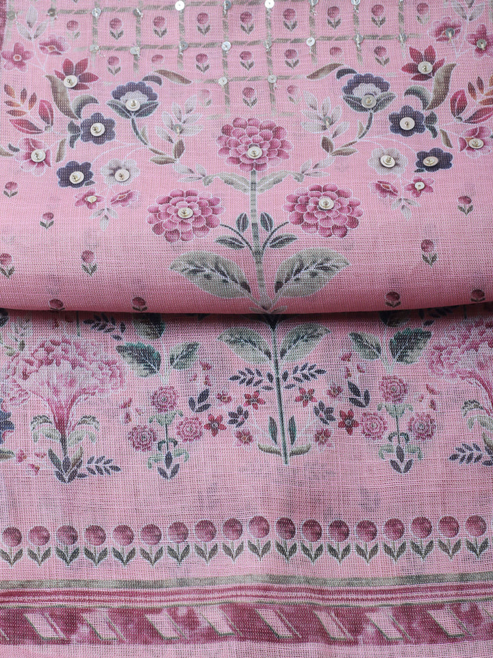 Printed Linen Blend Unstitched Suit With Pant &amp; Dupatta