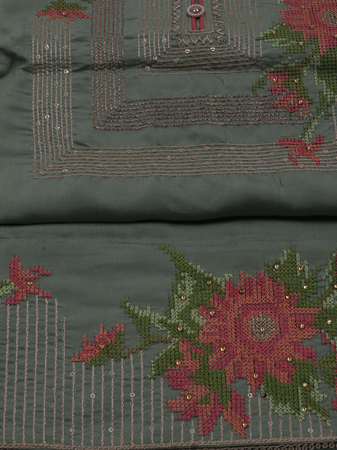 Neck Embroidered Chanderi Unstitched Suit With Dupatta
