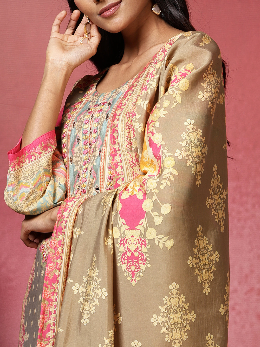 Printed Muslin Kurta With Pants & Dupatta
