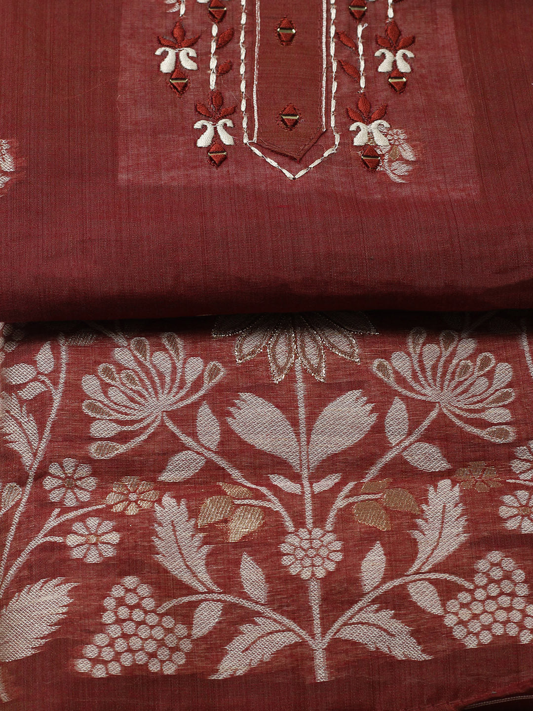 Embroidered Cotton Blend Unstitched Suit With Pant &amp; Dupatta