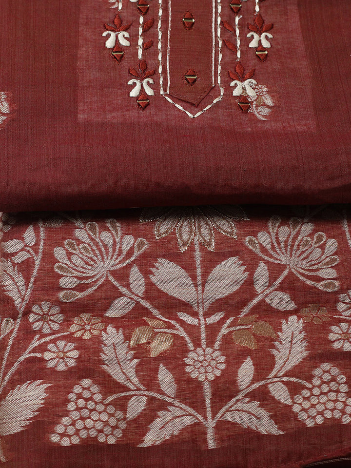 Embroidered Cotton Blend Unstitched Suit With Pant &amp; Dupatta
