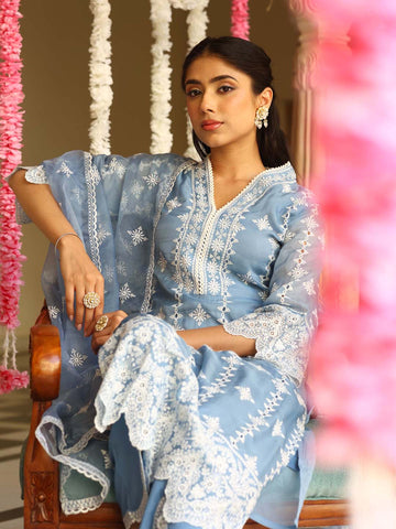 Embroidered Organza Kurta With Pants & Dupatta