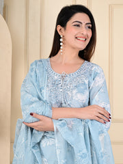 Neck Embroidered Cotton Blend Kurta With Pants & Dupatta