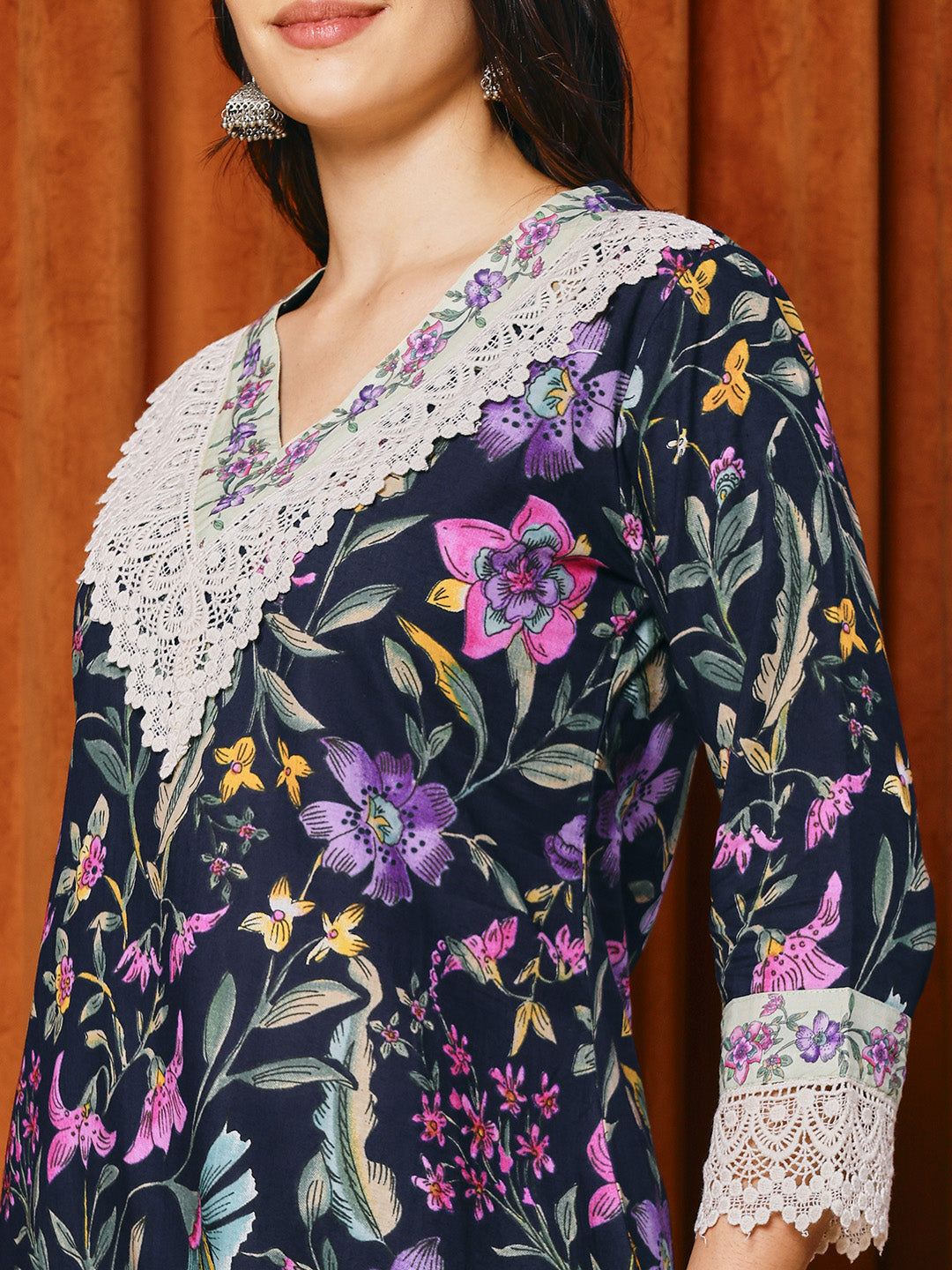 Floral Parinted Cotton Blend Kurta With Pants & Dupatta