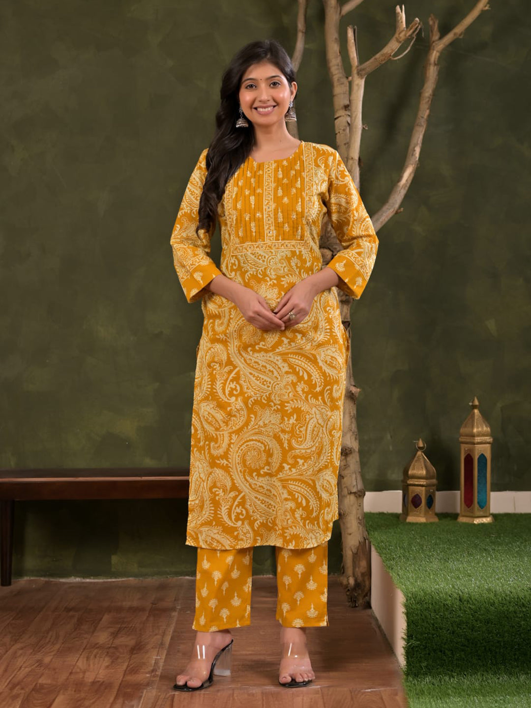 Yellow Embroidered Cotton Blend Straight Suit Set With Dupatta