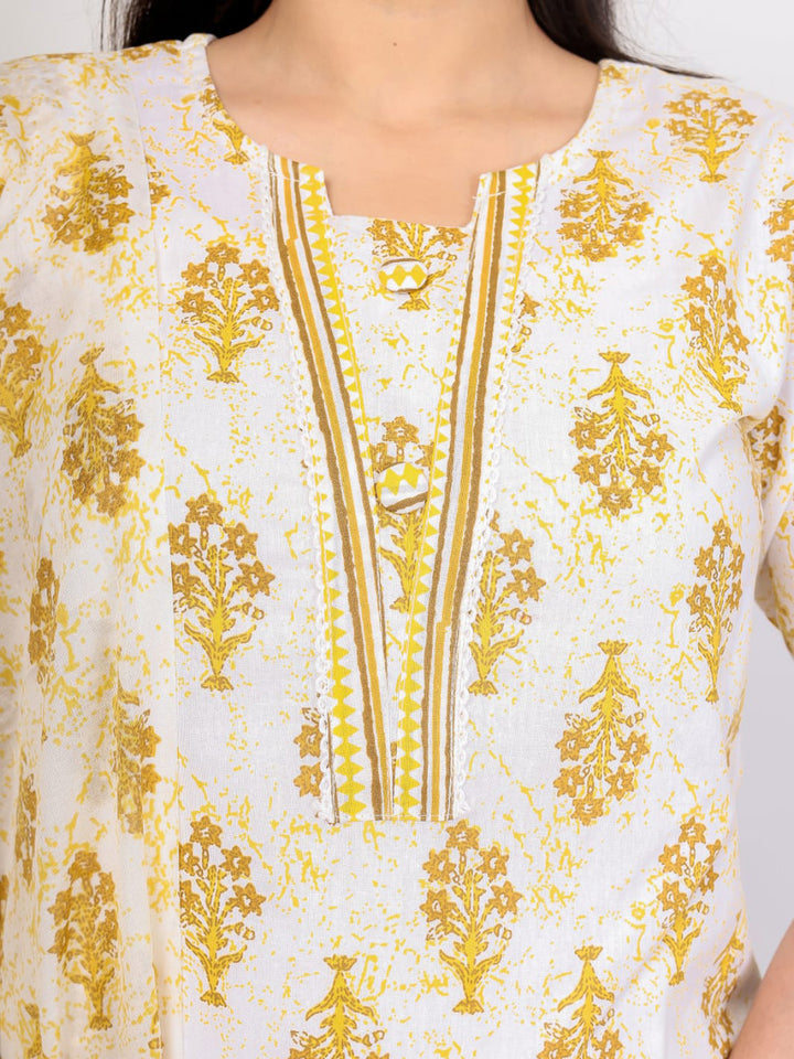 Yellow Embroidered Cotton Blend Straight Suit Set With Dupatta