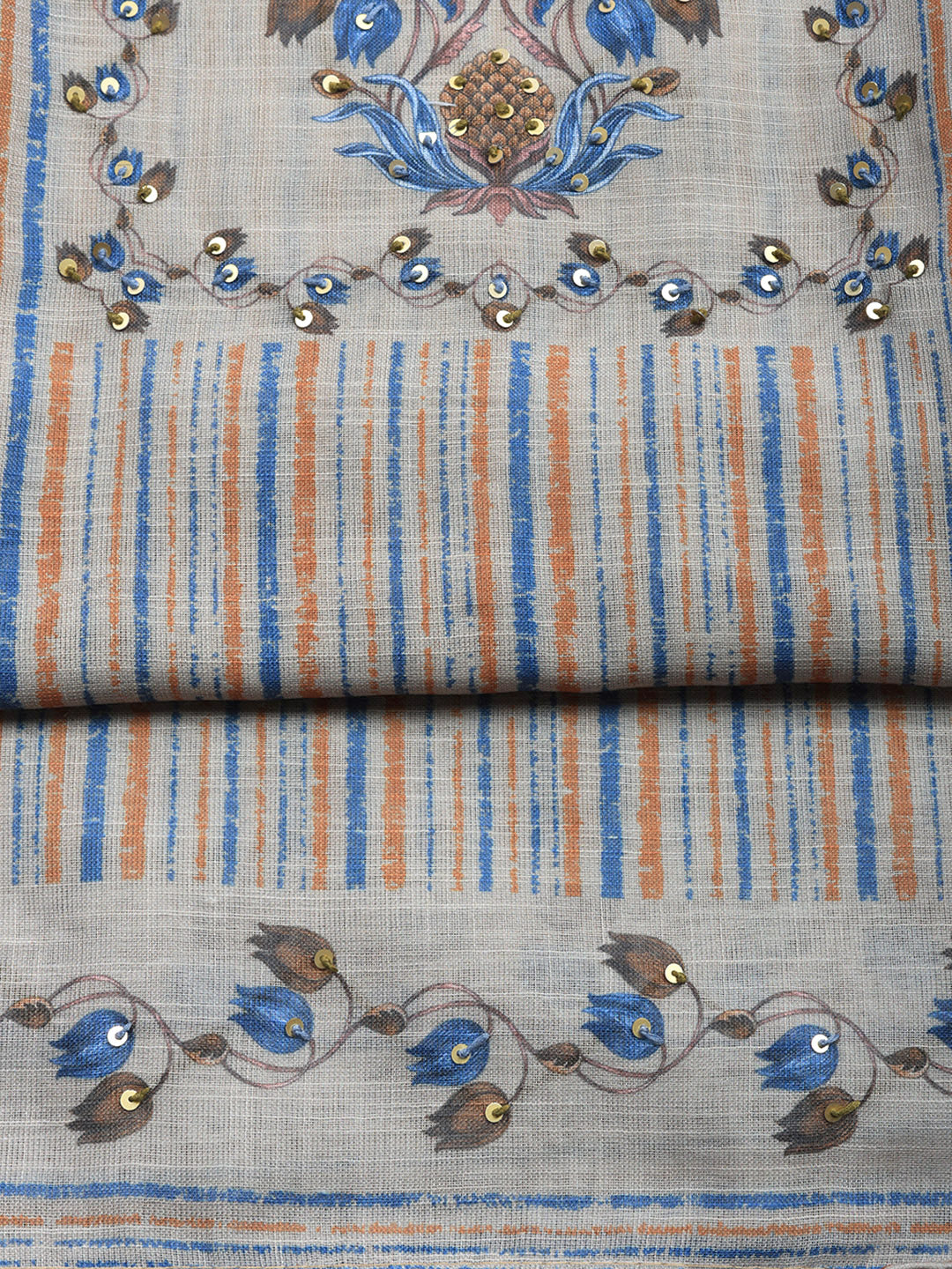Printed Linen Blend Unstitched Suit With Pant &amp; Dupatta
