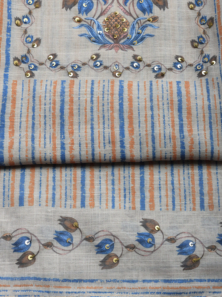 Printed Linen Blend Unstitched Suit With Pant &amp; Dupatta