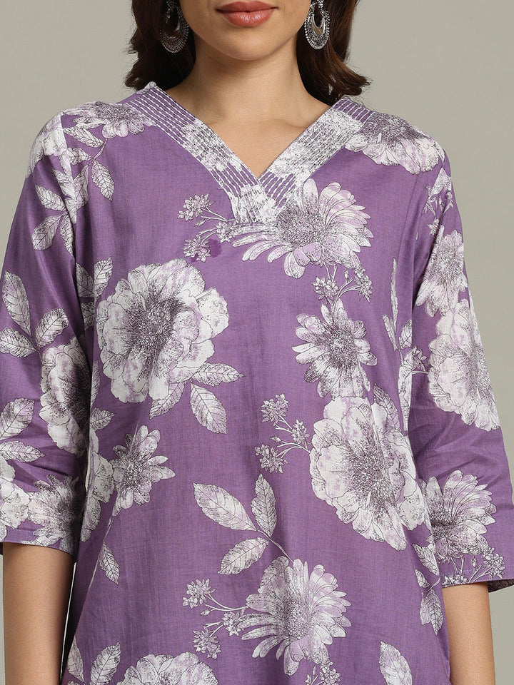 Floral Parinted Cotton Blend Kurta With Pants &amp; Dupatta