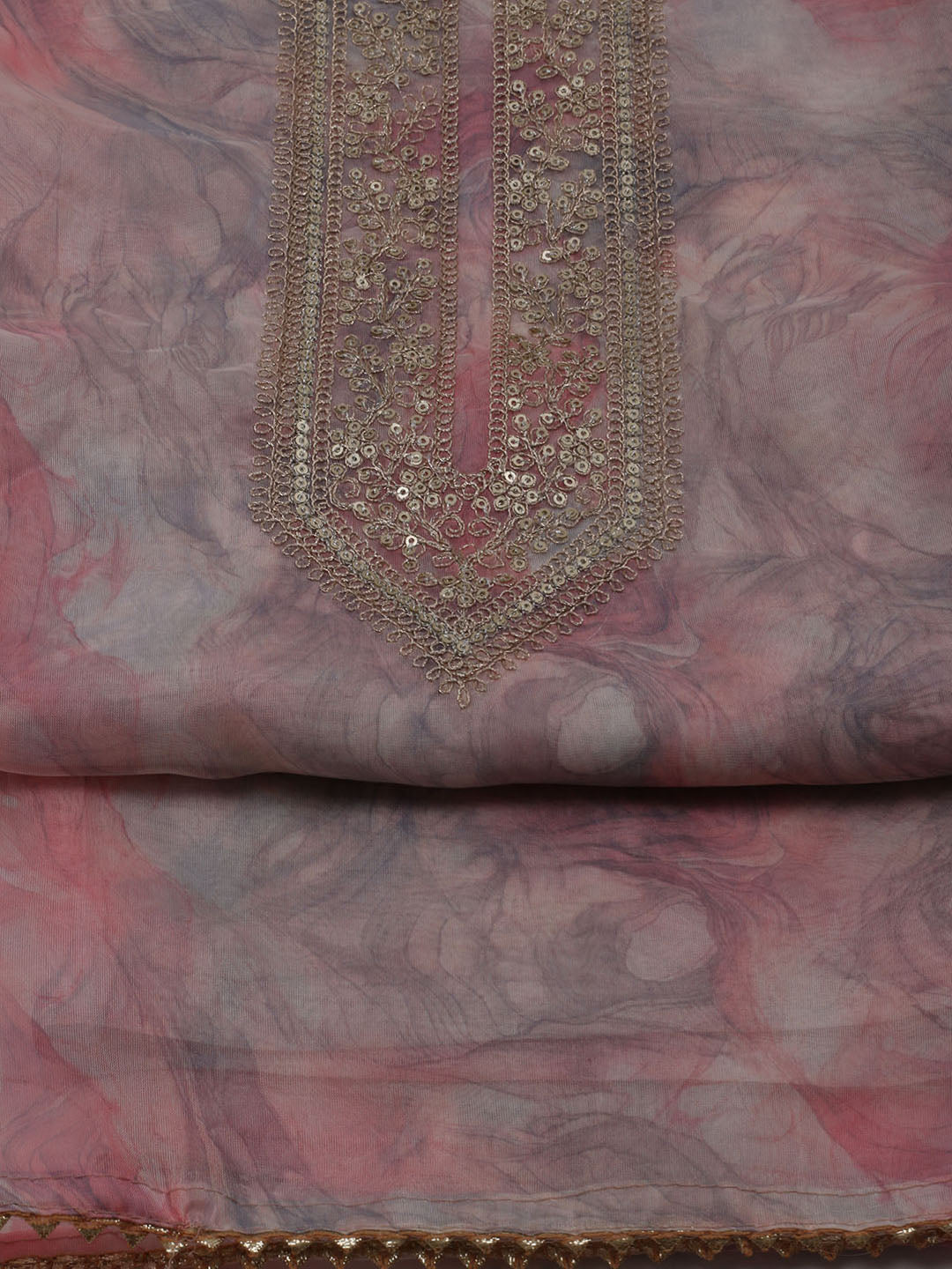Neck Embroidered Organza Unstitched Suit With Dupatta