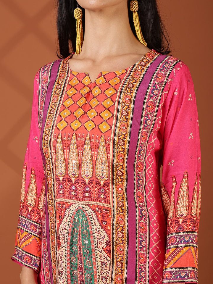 Floral Printed Art Silk Kurta With Pant &amp; Dupatta