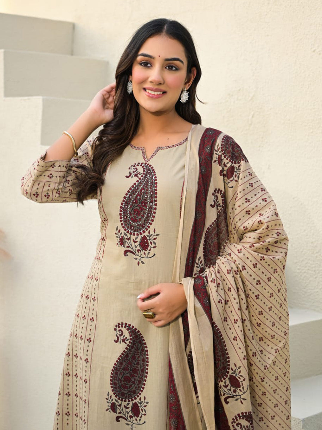 Beige Red Cotton Blend Printed Straight Suit Set