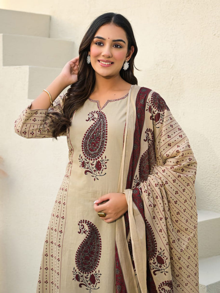 Beige Red Cotton Blend Printed Straight Suit Set