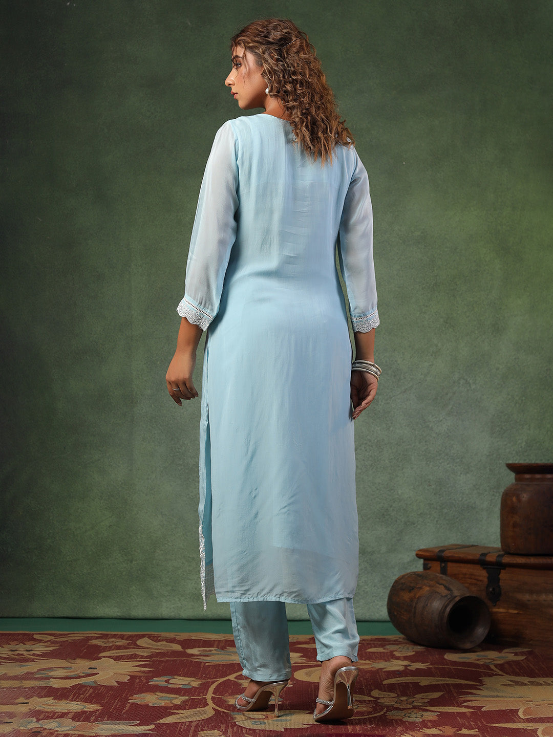 Blue Cotton Blend Embroidered Straight Suit Set