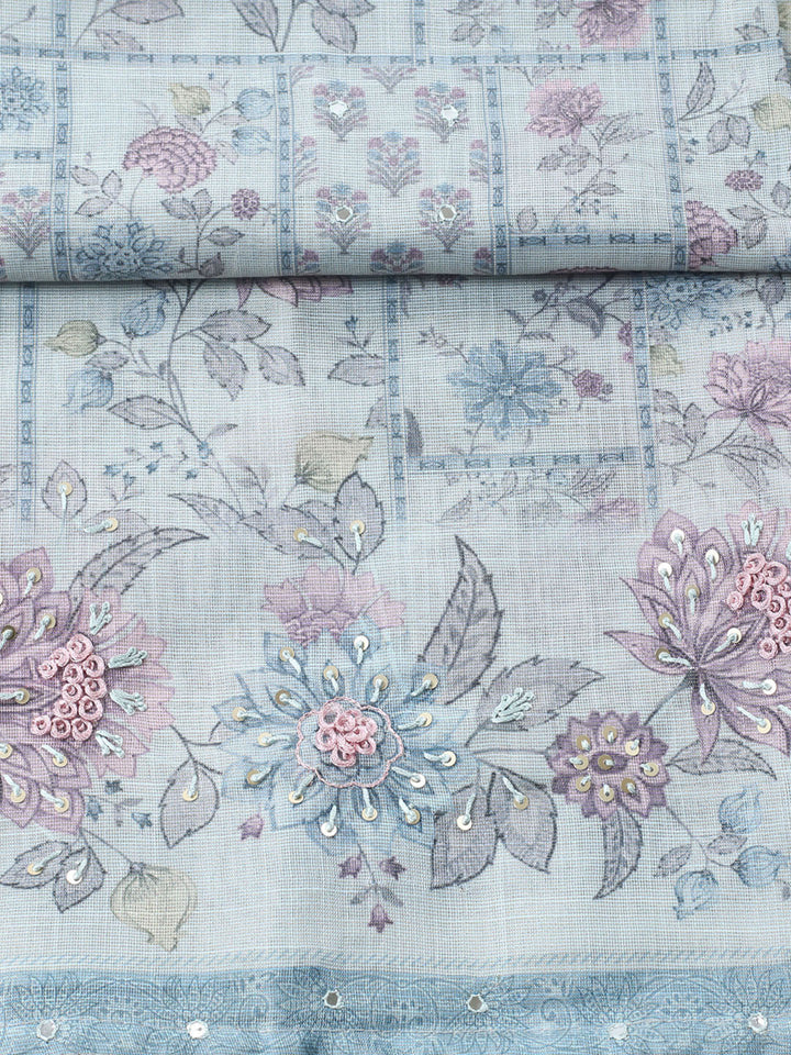 Printed Linen Blend Unstitched Suit With Pant &amp; Dupatta