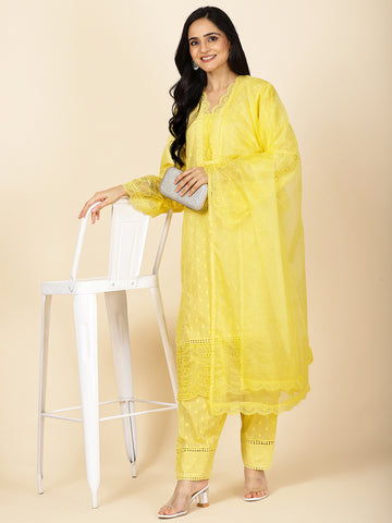 Neck Embroidery Cotton Kurta With Pants & Dupatta