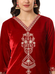 Zari Neck Embroidered Velvet Kurta With Pants & Dupatta