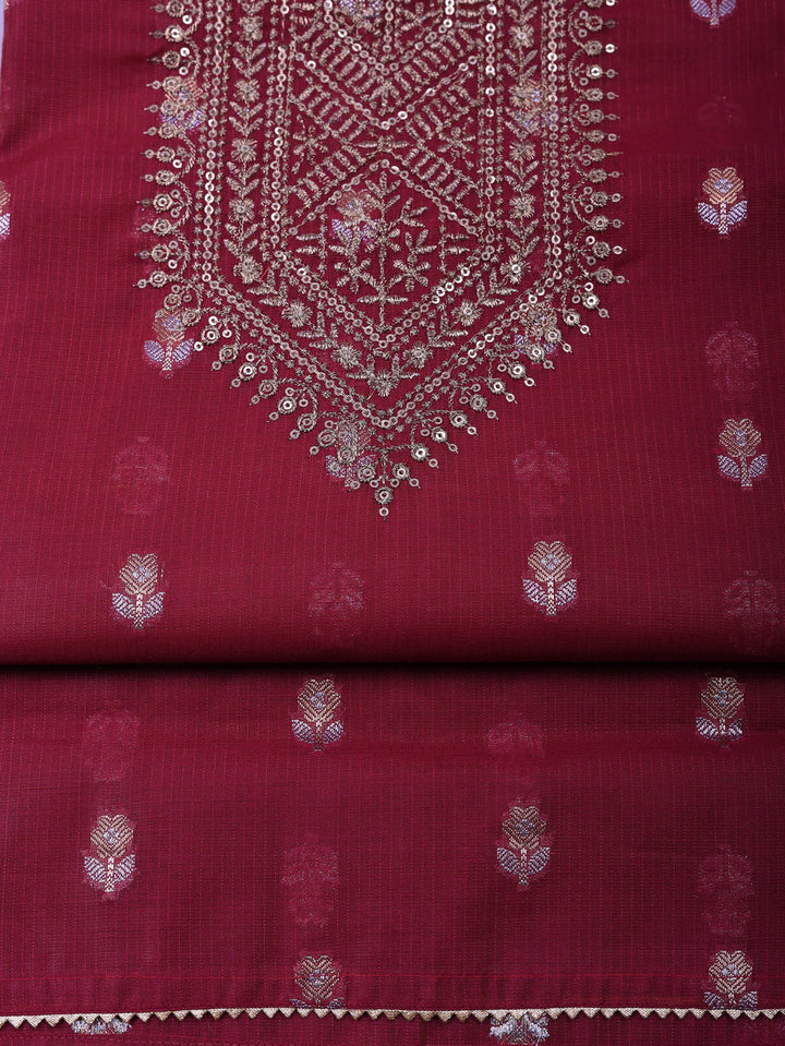 Embroidered Chanderi Unstitched Suit With Pant &amp; Dupatta